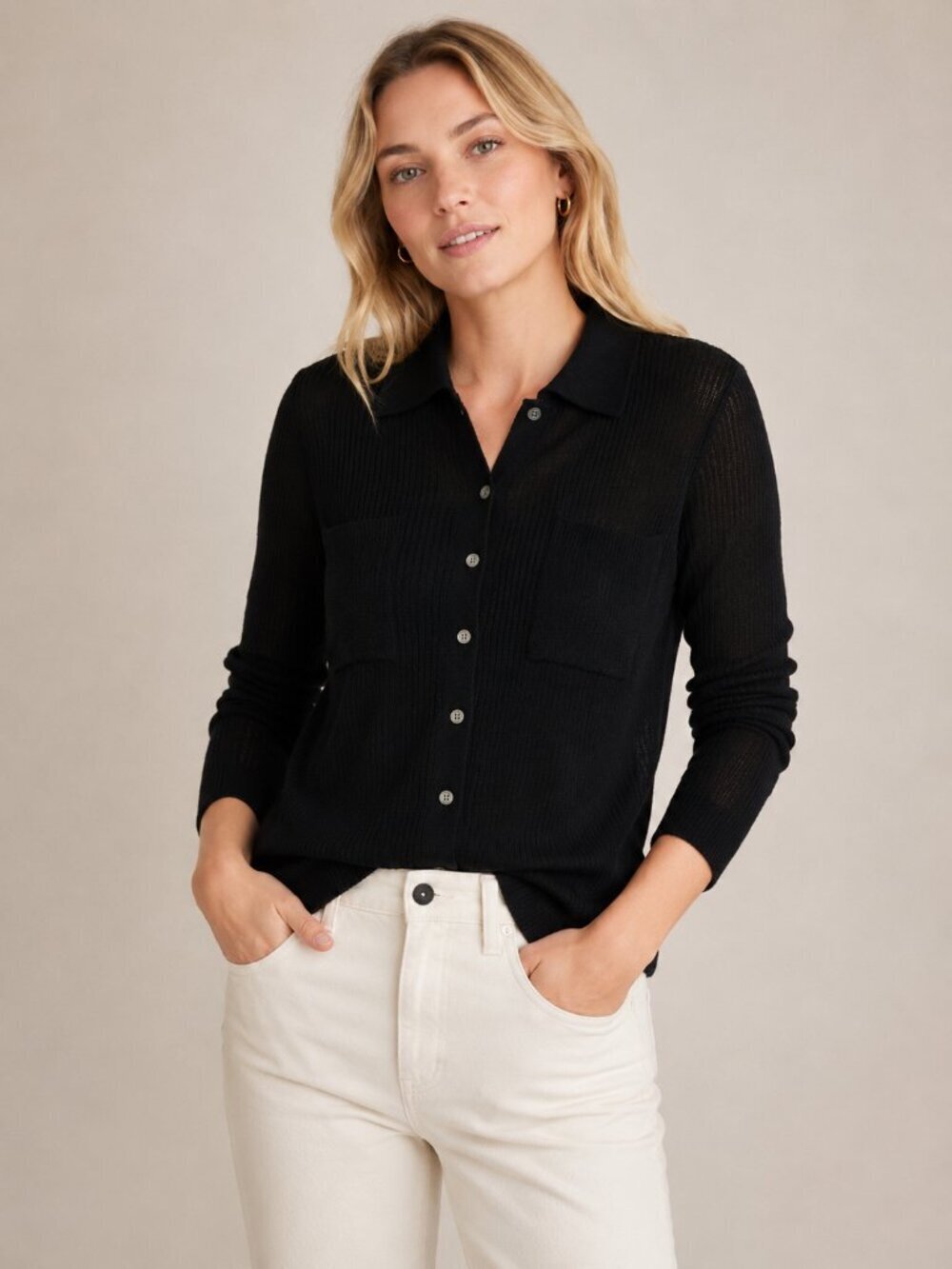 J.Crew Black Long Sleeve Collared ribbed button down knit top size L